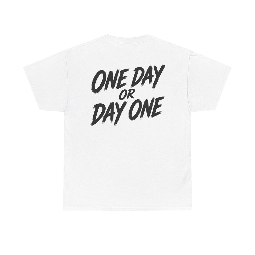 One day or day one White Tee — Vintage Brush