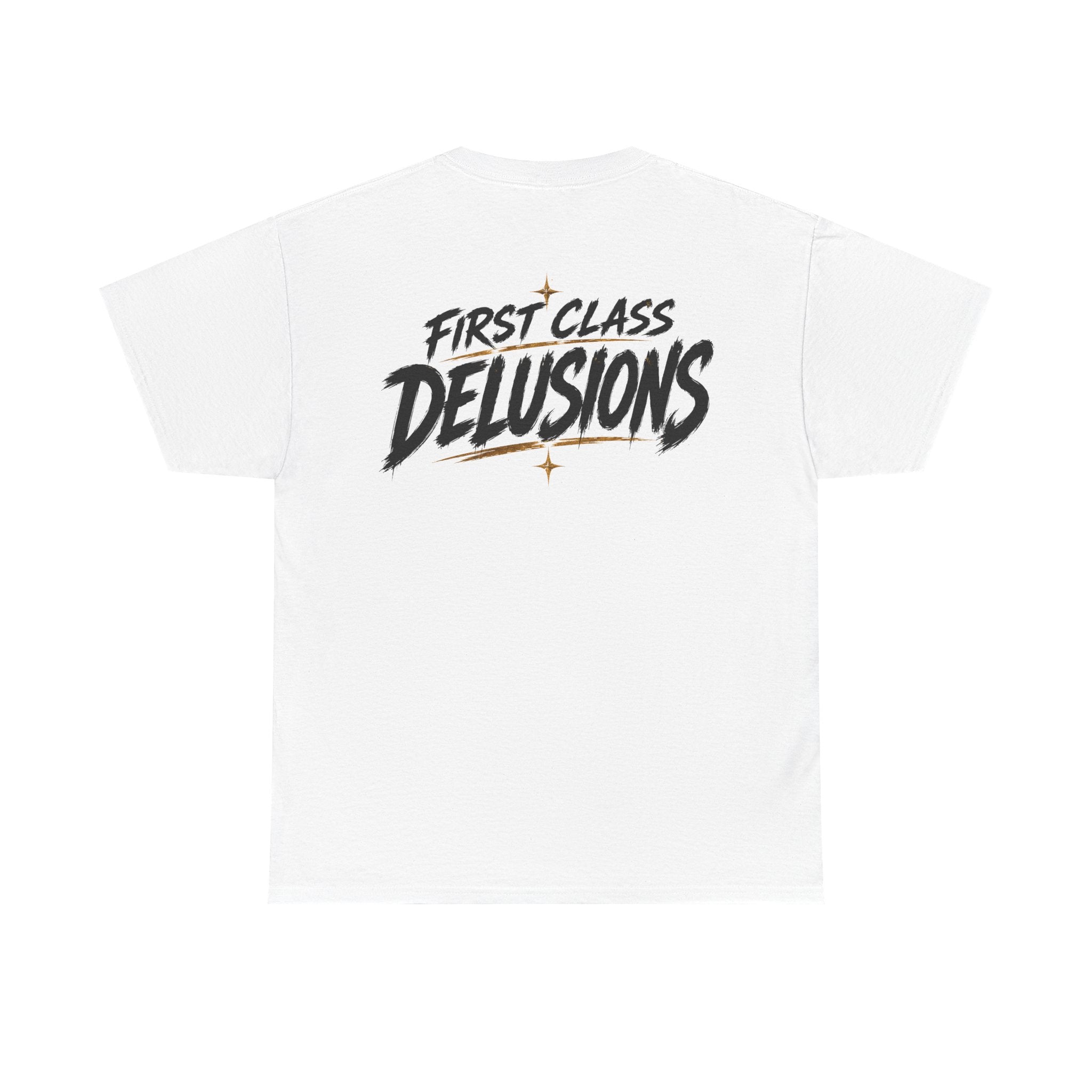First Class Delusion White Tee — Vintage Brush