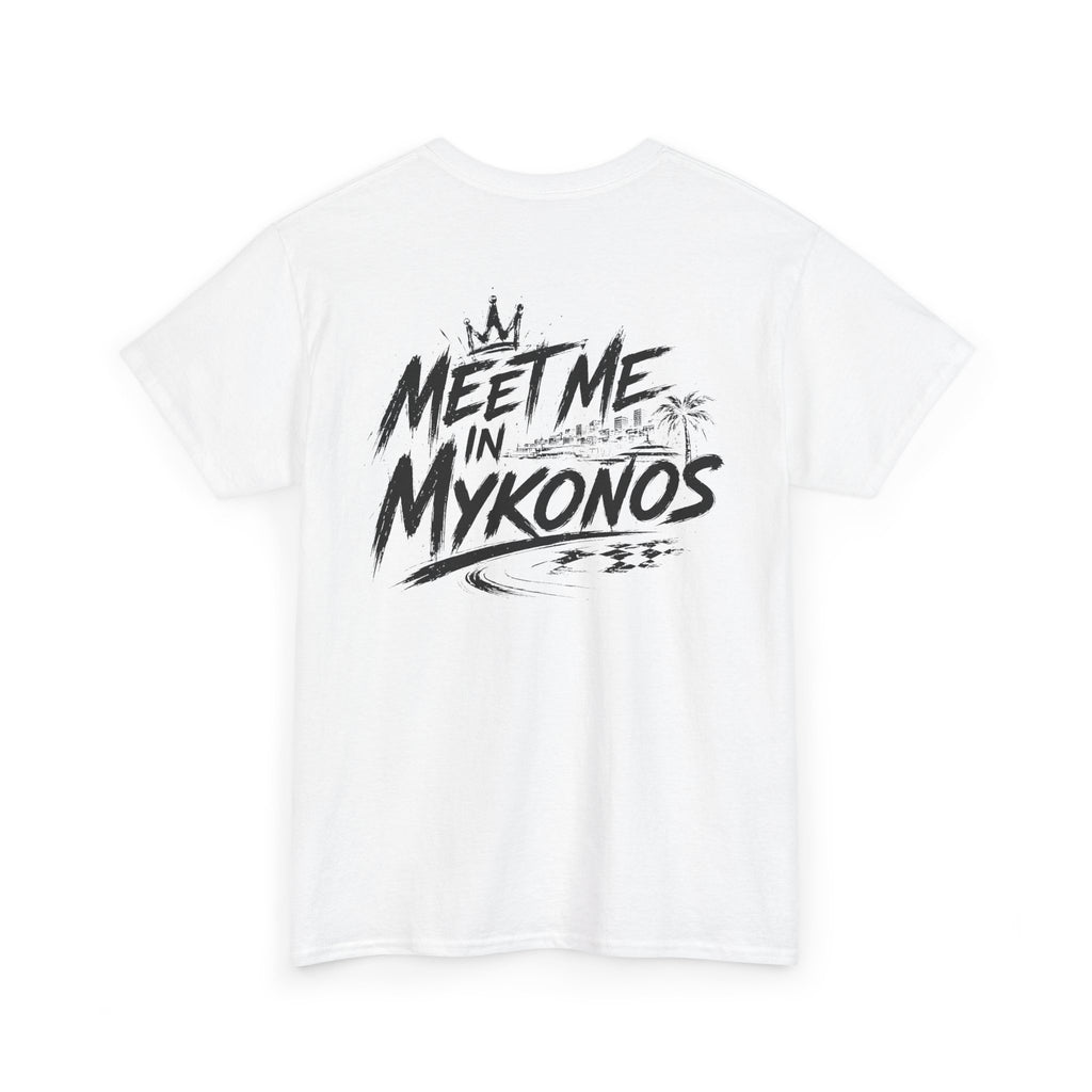 Meet me in Mykonos White Tee — Vintage Brush