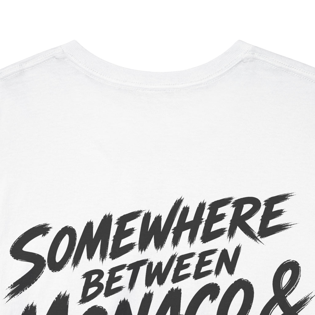 Somewhere between Monaco & bad decisions White Tee — Vintage Brush
